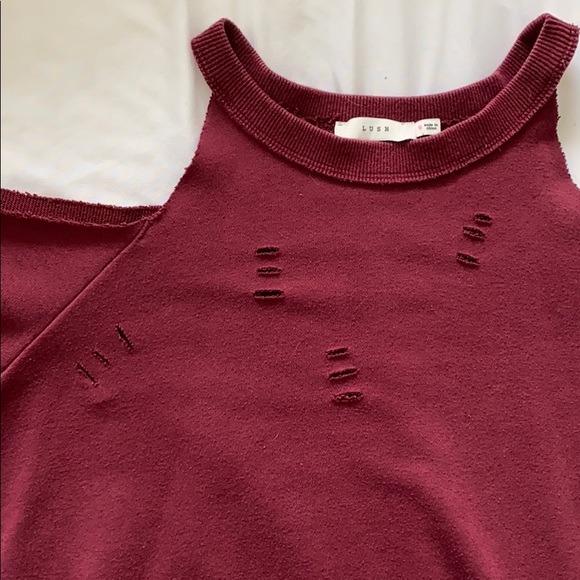 Lush Tops - Distressed Cold Shoulder Sweatshirt